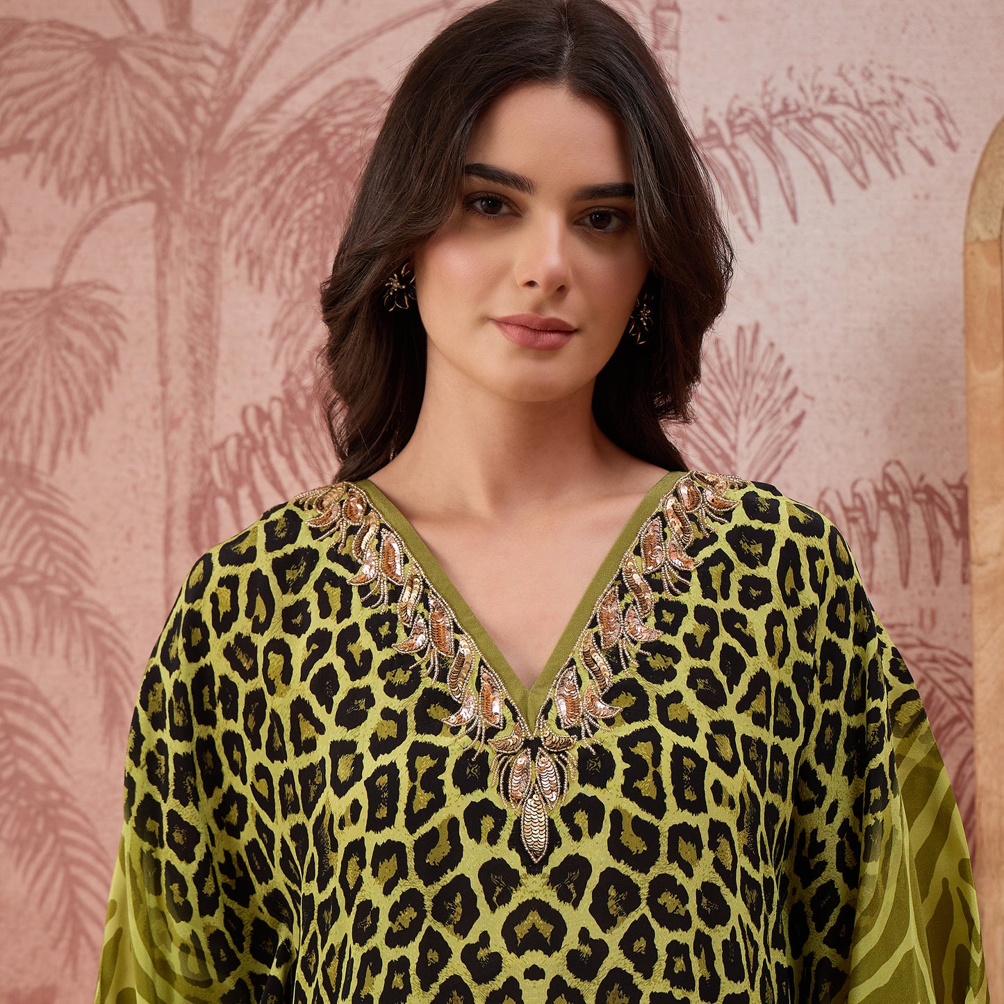 Green Leopard and Zebra Printed Embroidered Tunic