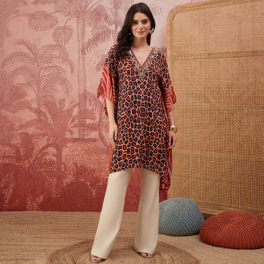 Orange Leopard and Zebra Printed Embroidered Tunic