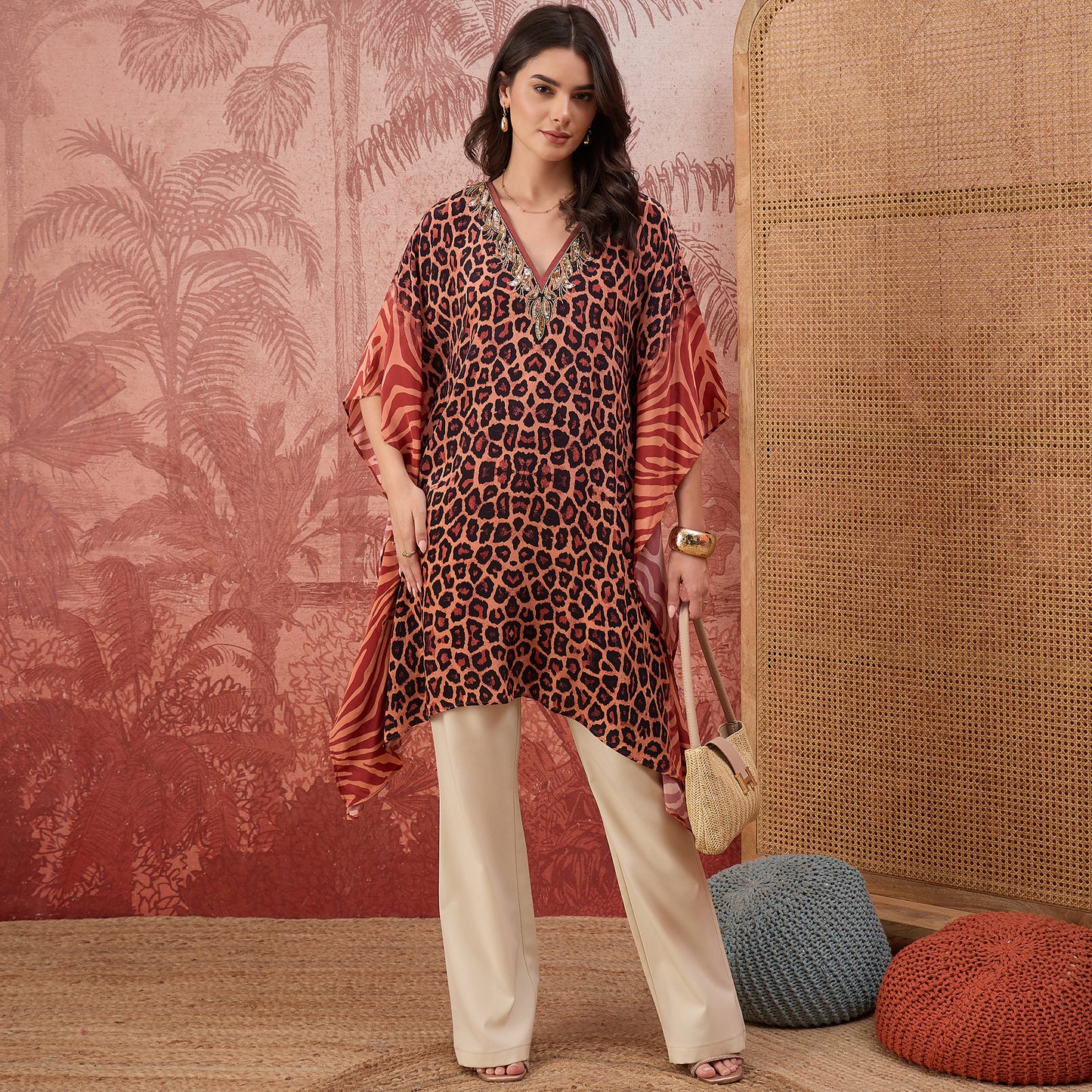 Orange Leopard and Zebra Printed Embroidered Tunic