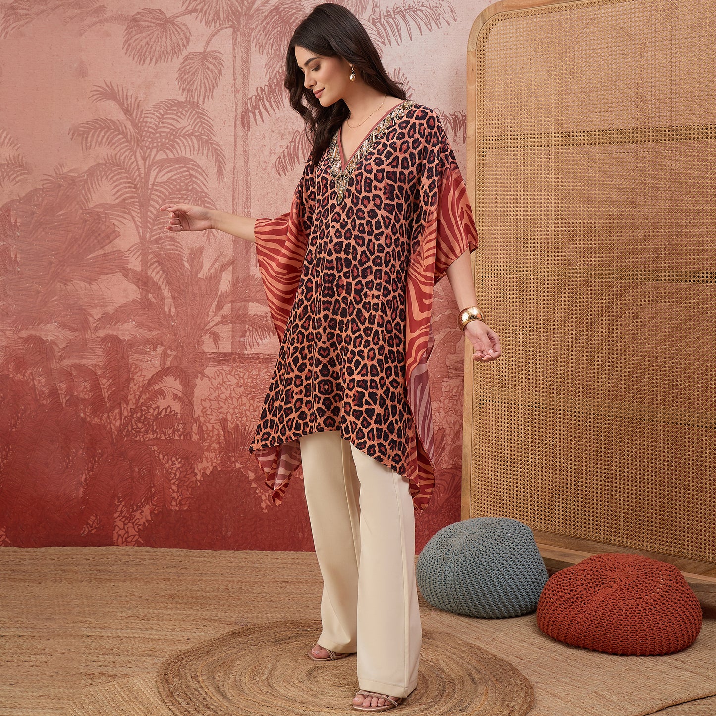Orange Leopard and Zebra Printed Embroidered Tunic