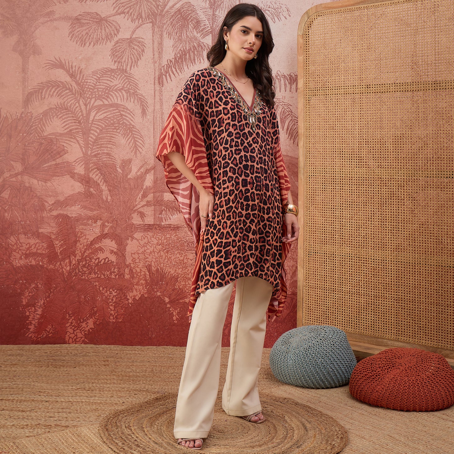 Orange Leopard and Zebra Printed Embroidered Tunic