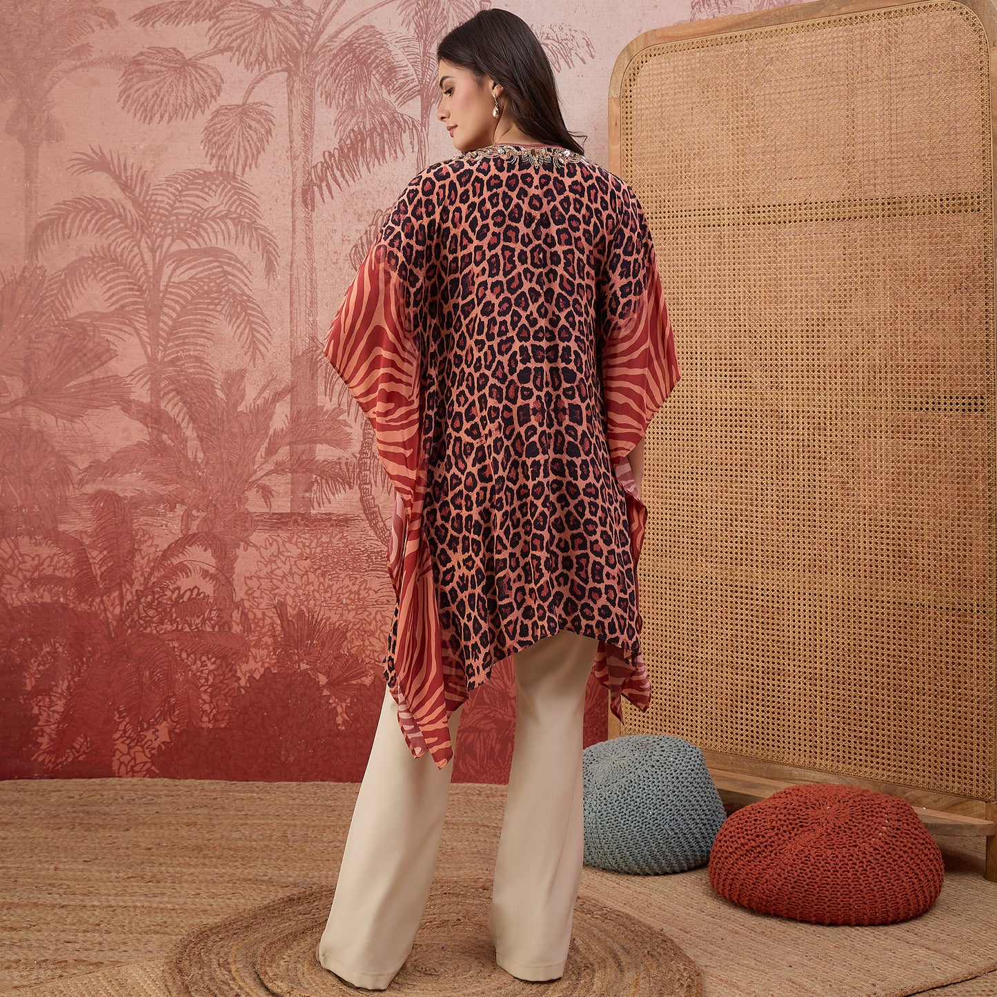 Orange Leopard and Zebra Printed Embroidered Tunic