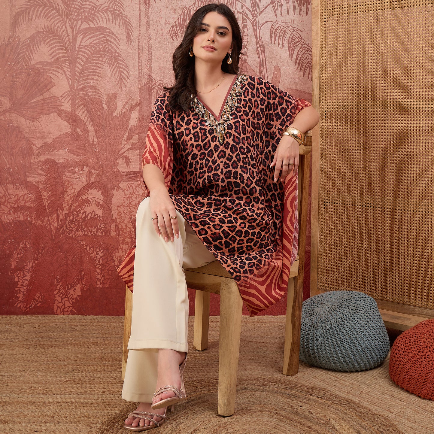 Orange Leopard and Zebra Printed Embroidered Tunic