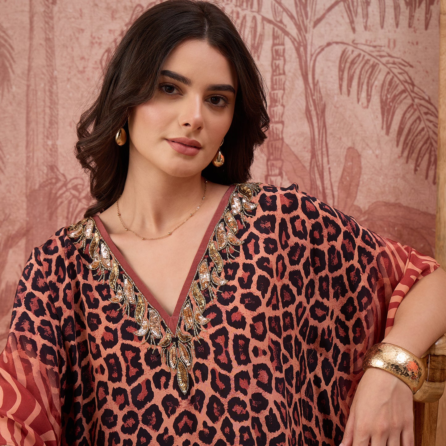 Orange Leopard and Zebra Printed Embroidered Tunic