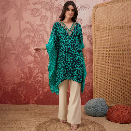 Teal Leopard and Zebra Printed Embroidered Tunic
