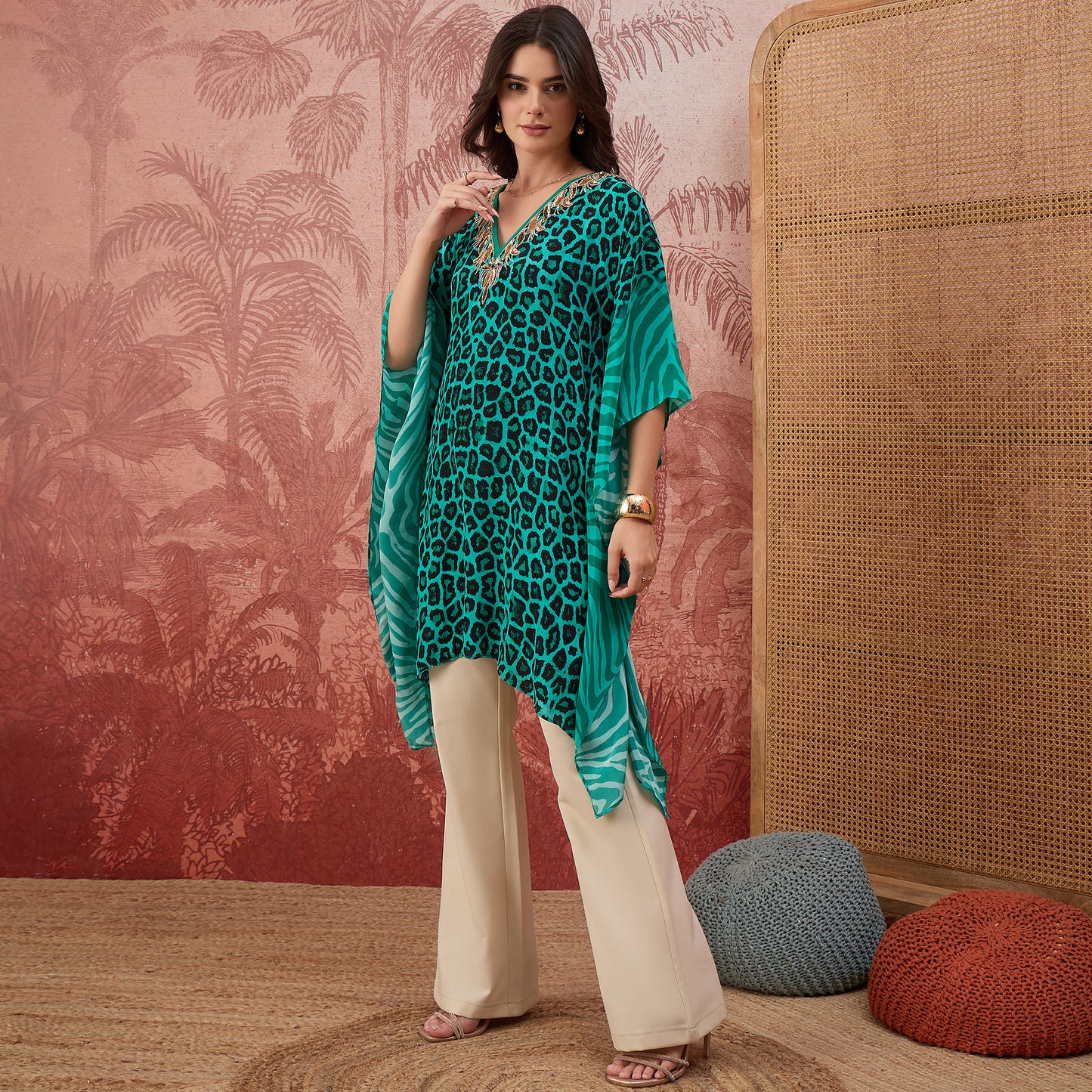 Teal Leopard and Zebra Printed Embroidered Tunic