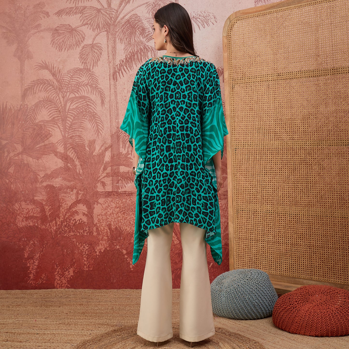 Teal Leopard and Zebra Printed Embroidered Tunic