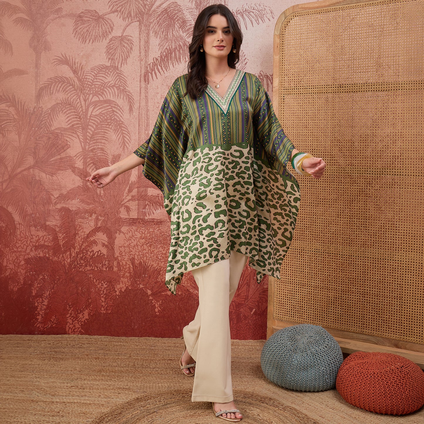 Green and Yellow Half-and-Half Striped Tunic
