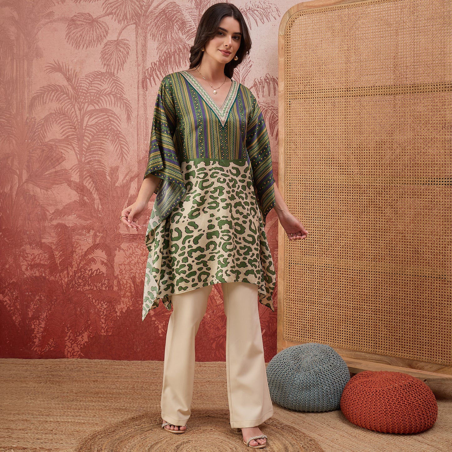 Green and Yellow Half-and-Half Striped Tunic