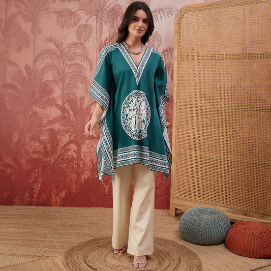 Teal Floral Mandala Printed Geometric Kaftan Tunic