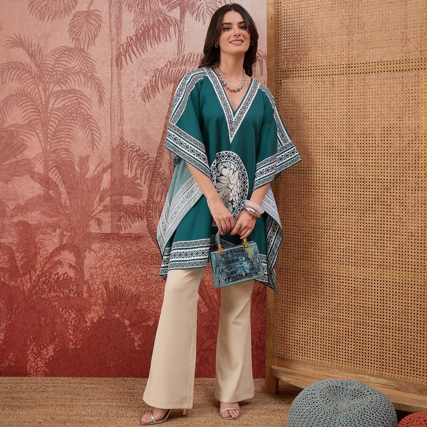 Teal Floral Mandala Printed Geometric Kaftan Tunic