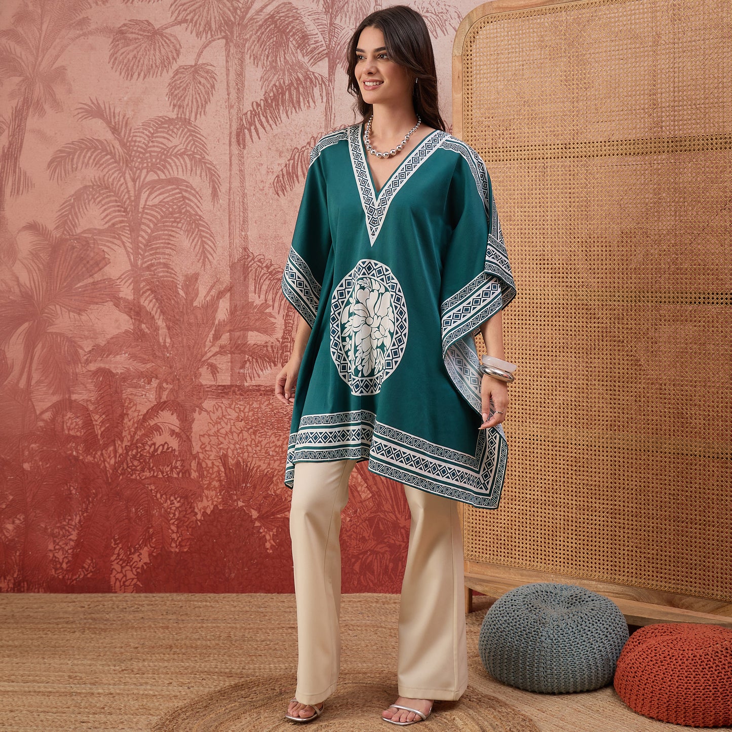 Teal Floral Mandala Printed Geometric Kaftan Tunic