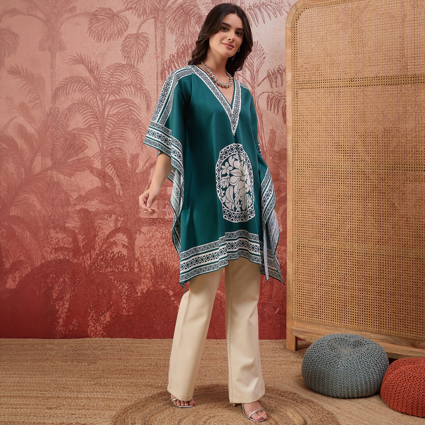 Teal Floral Mandala Printed Geometric Kaftan Tunic