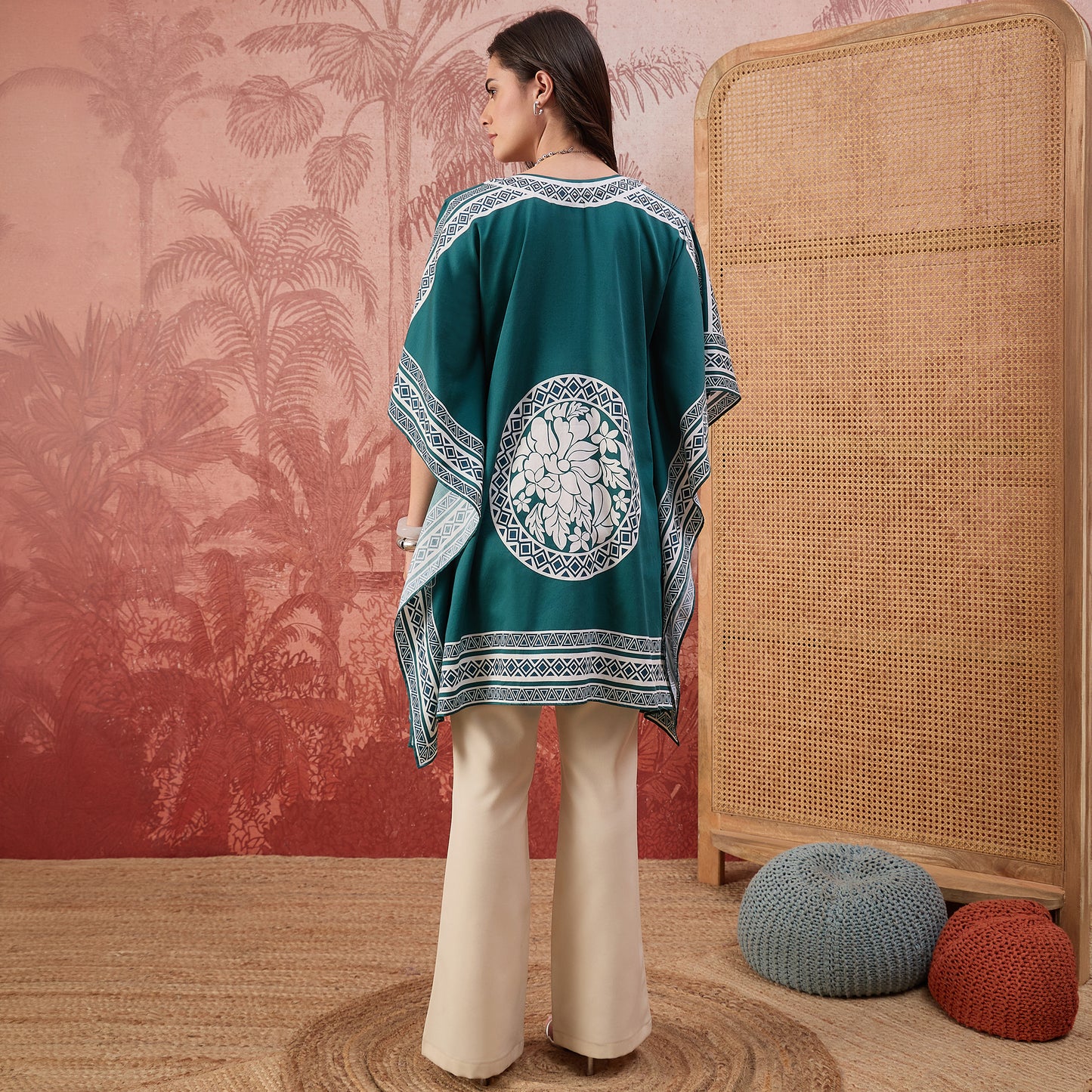 Teal Floral Mandala Printed Geometric Kaftan Tunic