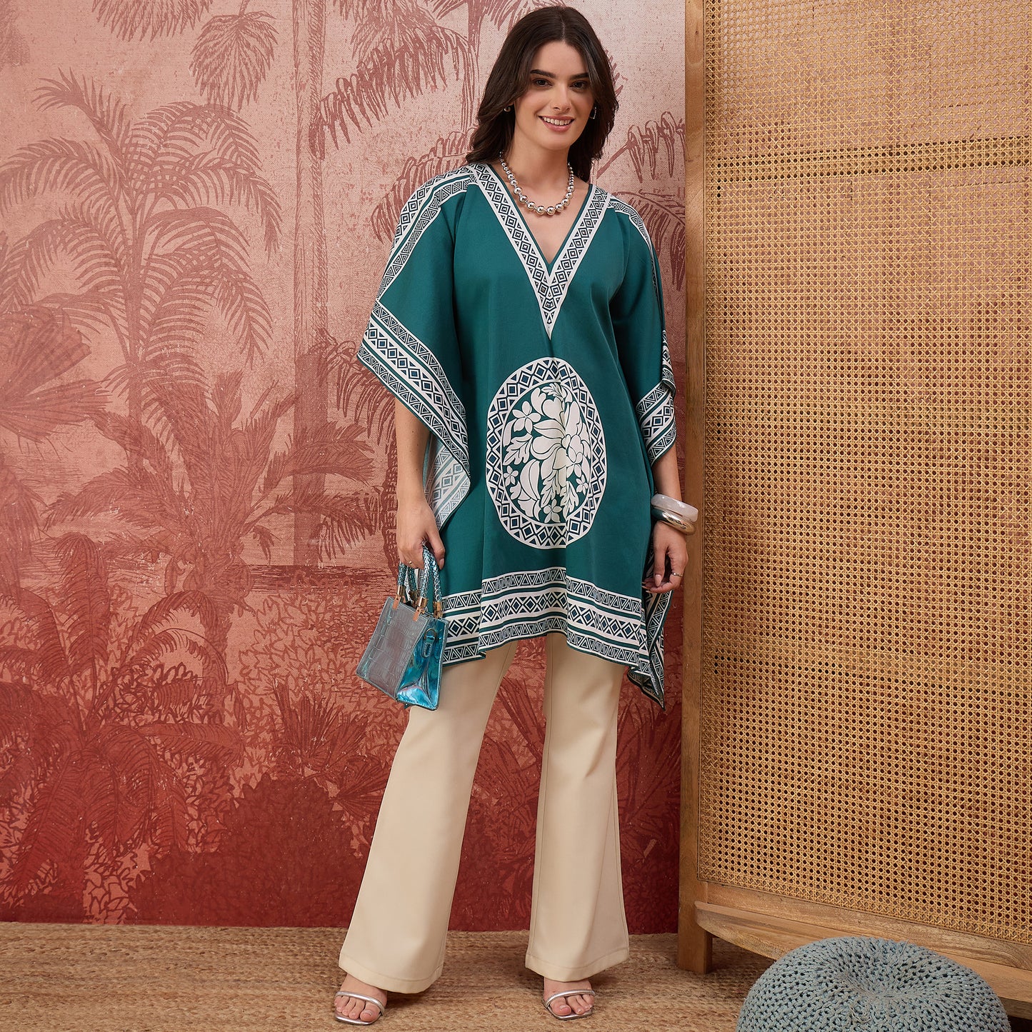 Teal Floral Mandala Printed Geometric Kaftan Tunic