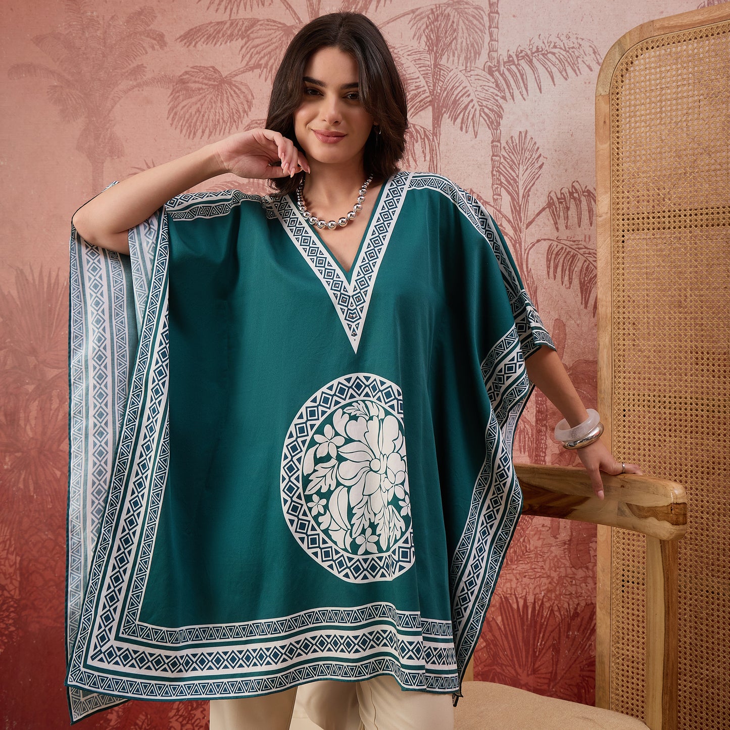 Teal Floral Mandala Printed Geometric Kaftan Tunic