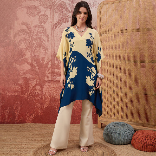 Yellow and Blue colourblocked Floral Kaftan Tunic