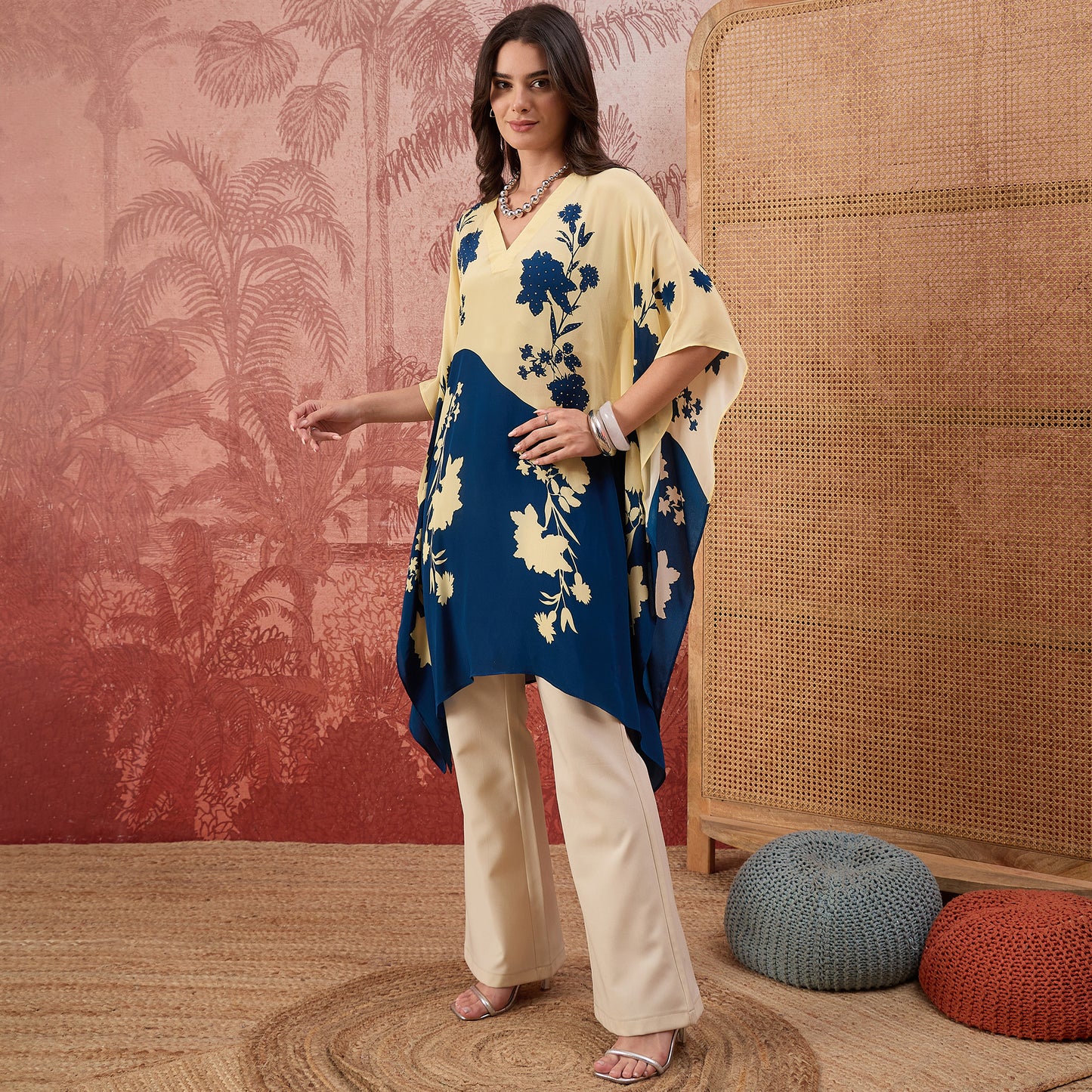 Yellow and Blue colourblocked Floral Kaftan Tunic