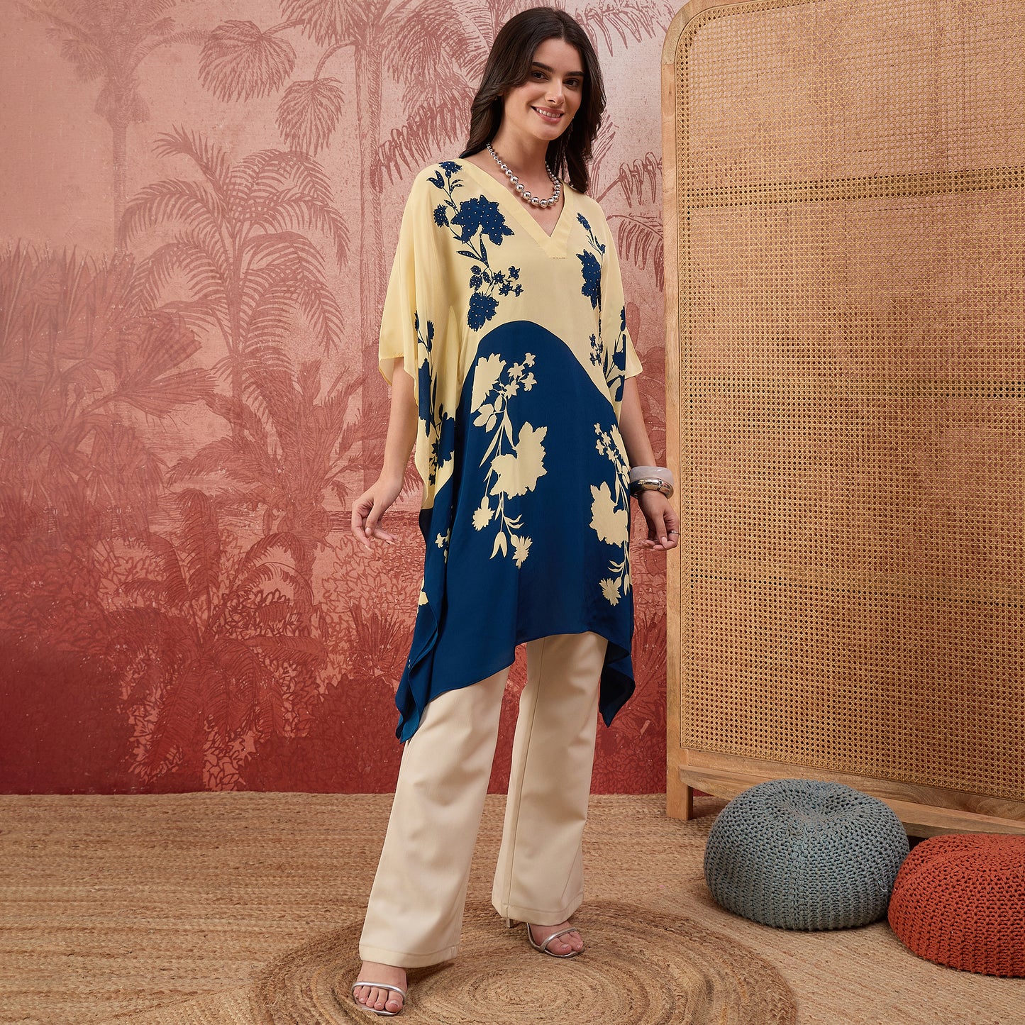 Yellow and Blue colourblocked Floral Kaftan Tunic