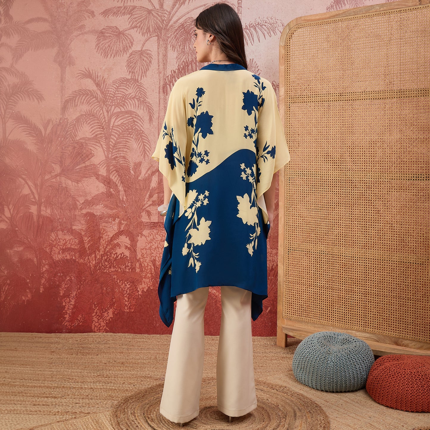 Yellow and Blue colourblocked Floral Kaftan Tunic
