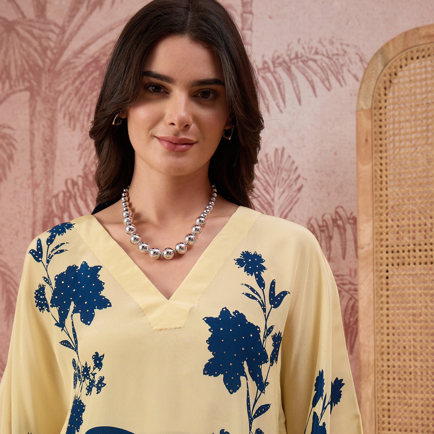 Yellow and Blue colourblocked Floral Kaftan Tunic