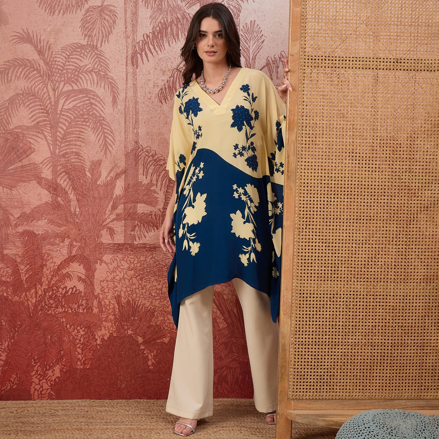 Yellow and Blue colourblocked Floral Kaftan Tunic
