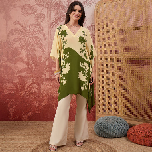 Yellow and Green colourblocked Floral Kaftan Tunic