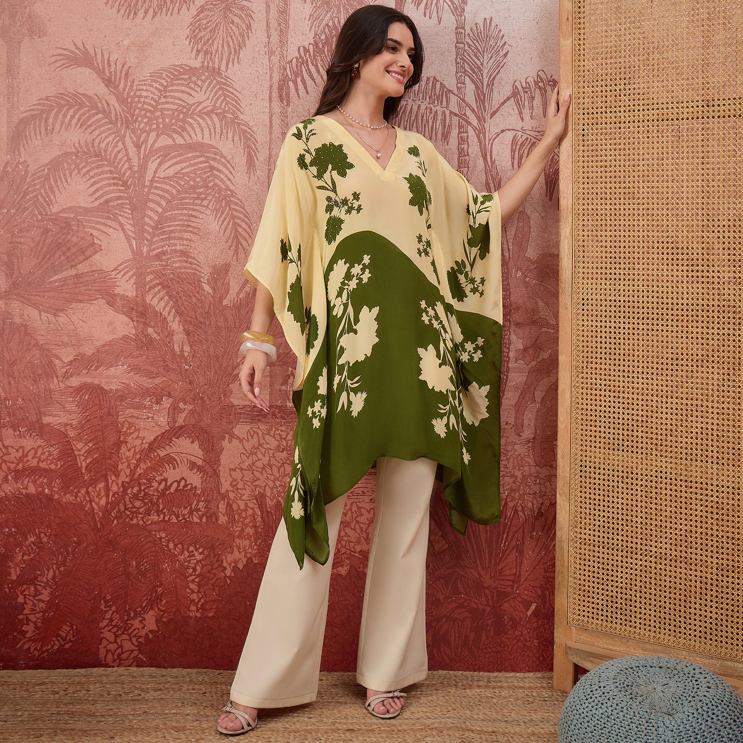 Yellow and Green colourblocked Floral Kaftan Tunic