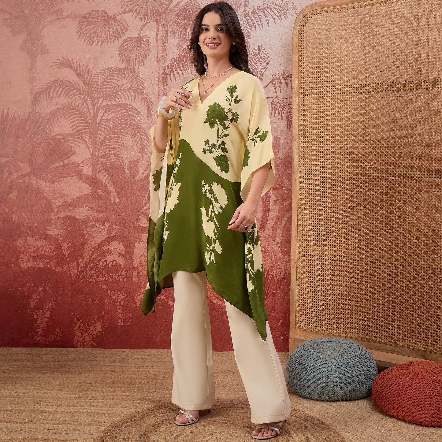 Yellow and Green colourblocked Floral Kaftan Tunic