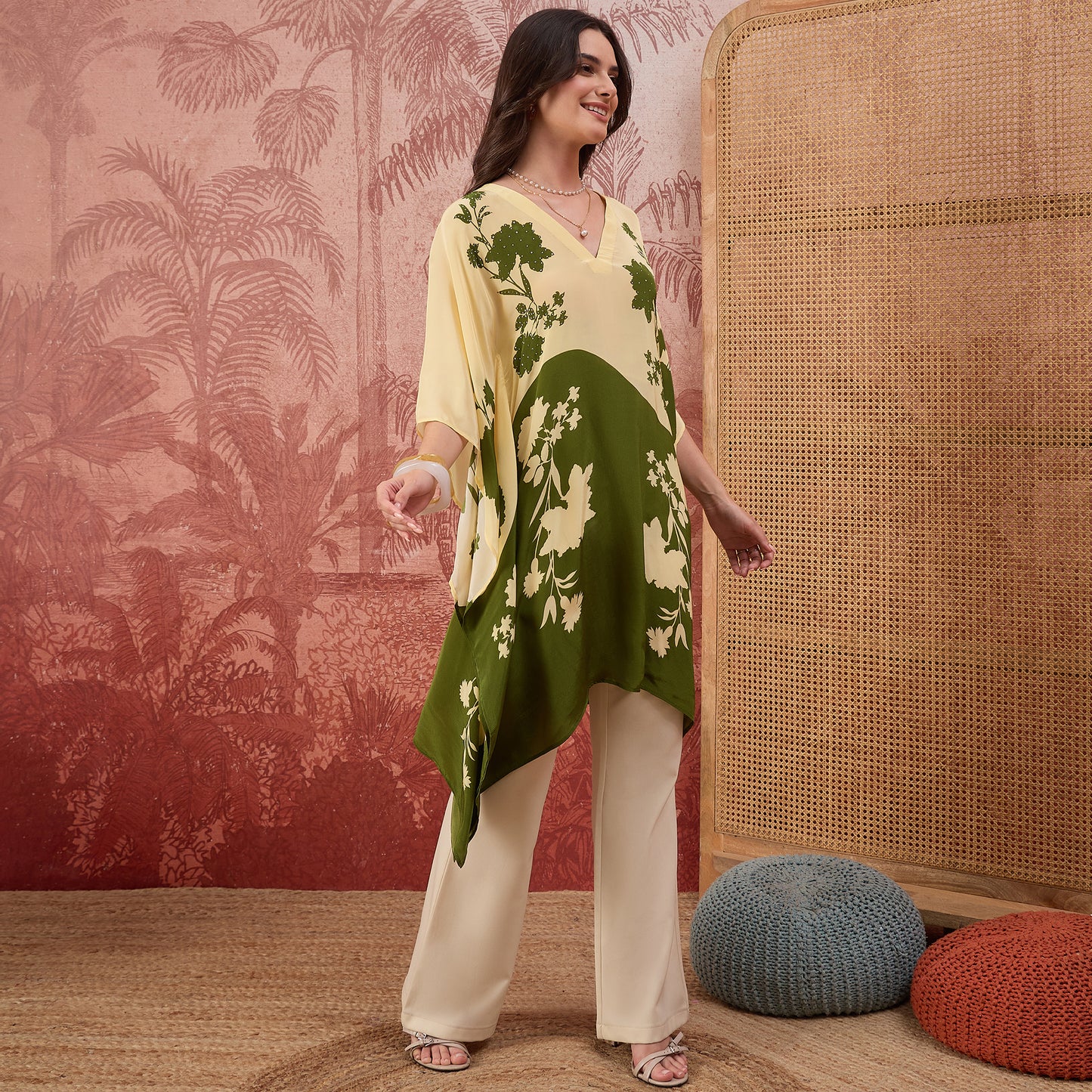 Yellow and Green colourblocked Floral Kaftan Tunic