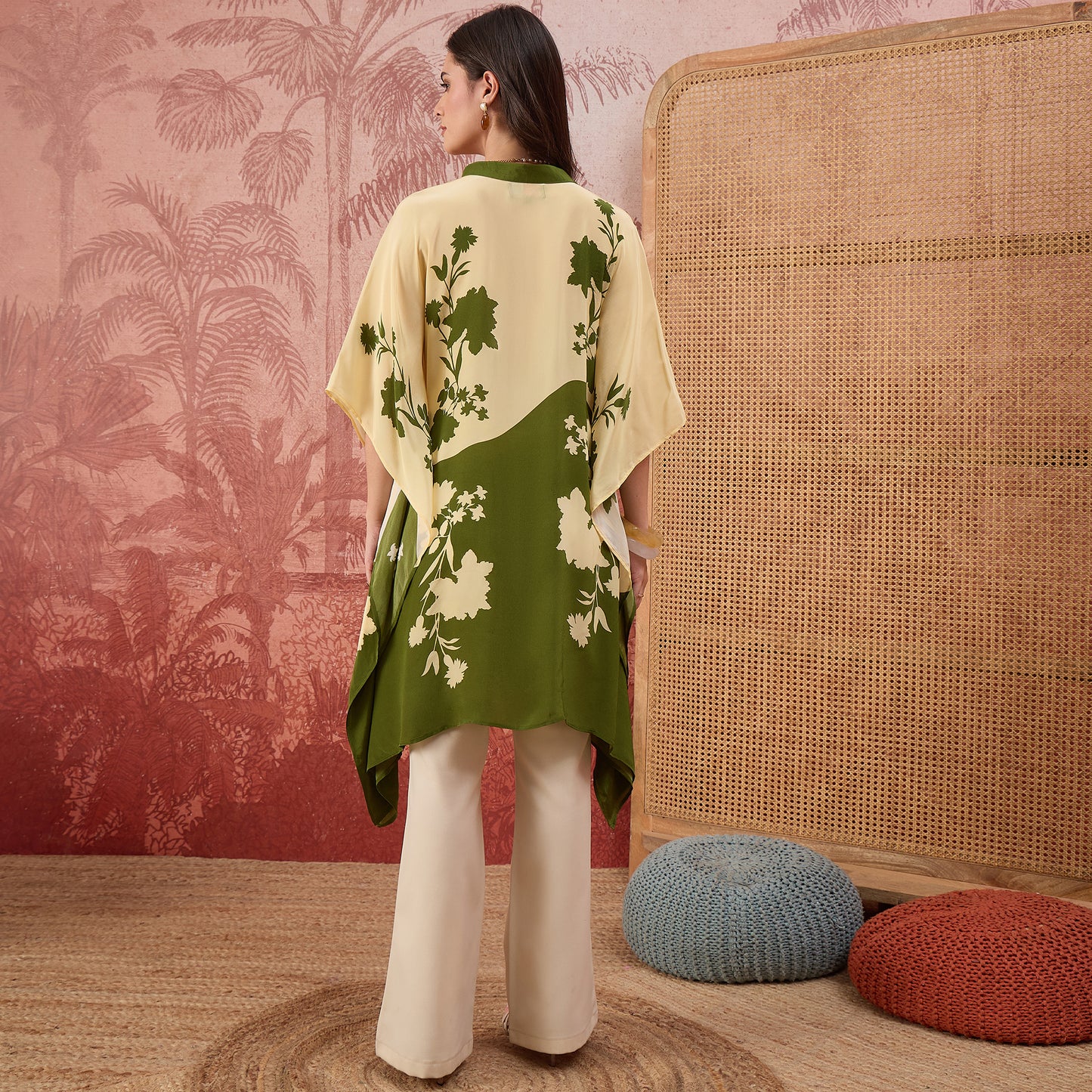 Yellow and Green colourblocked Floral Kaftan Tunic