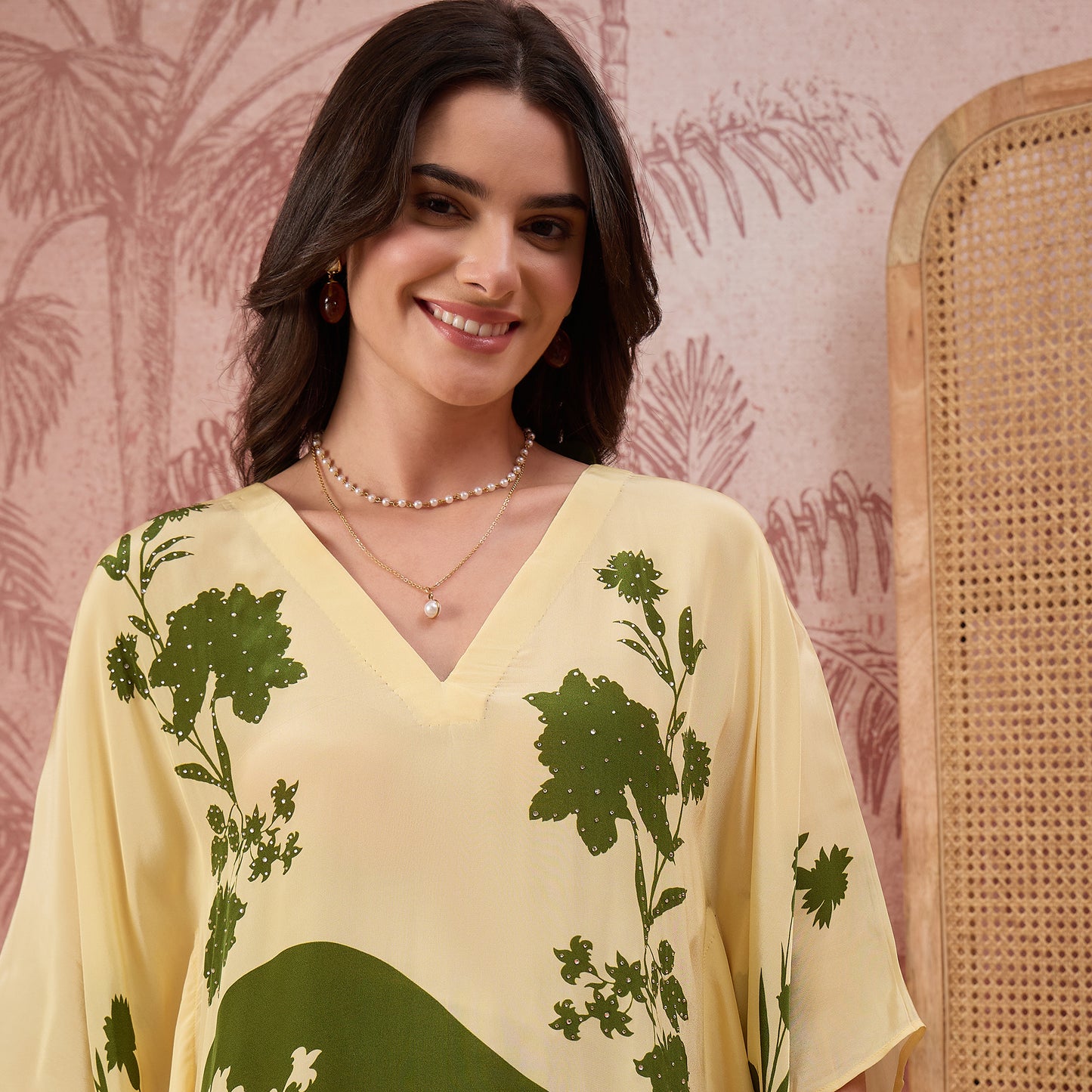 Yellow and Green colourblocked Floral Kaftan Tunic