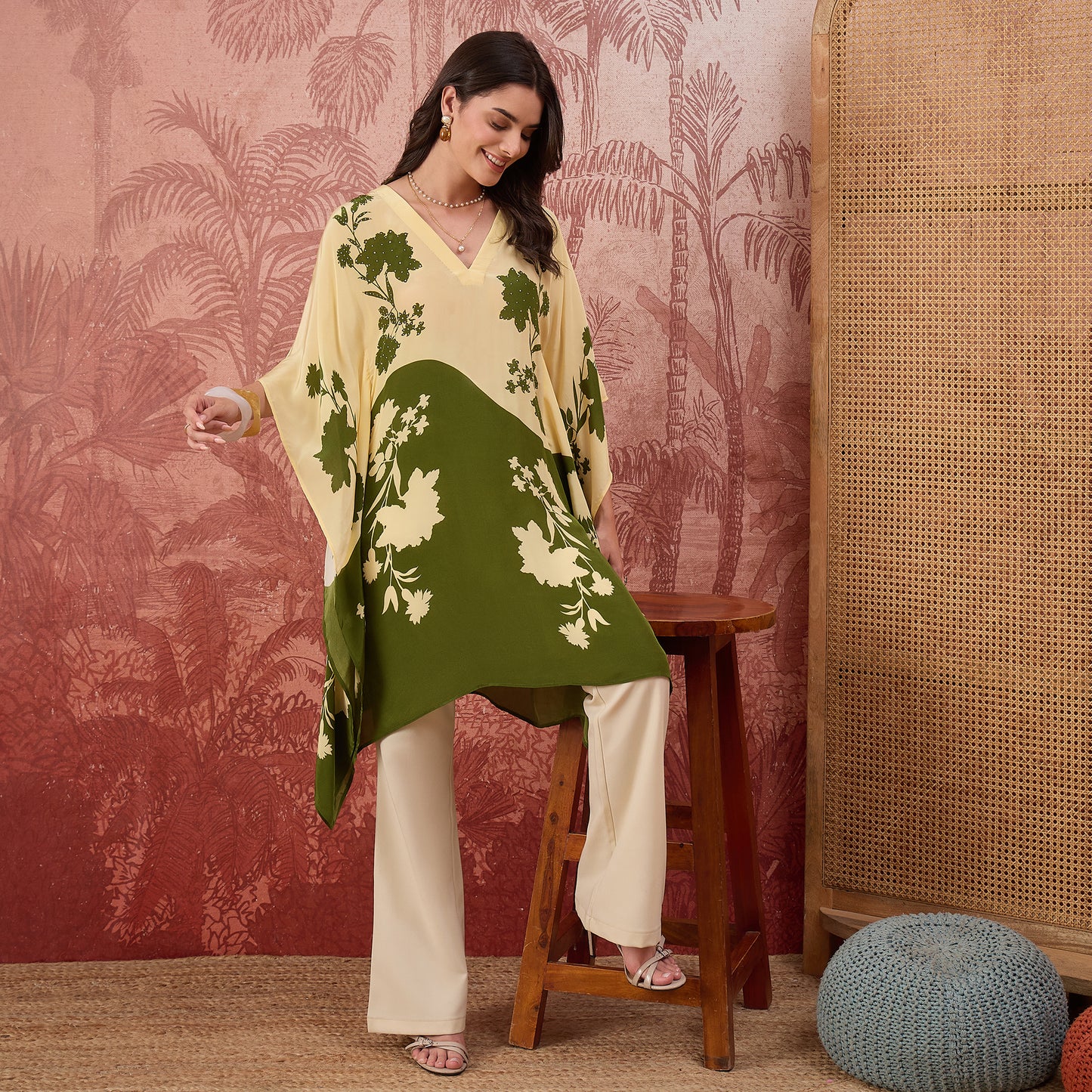 Yellow and Green colourblocked Floral Kaftan Tunic