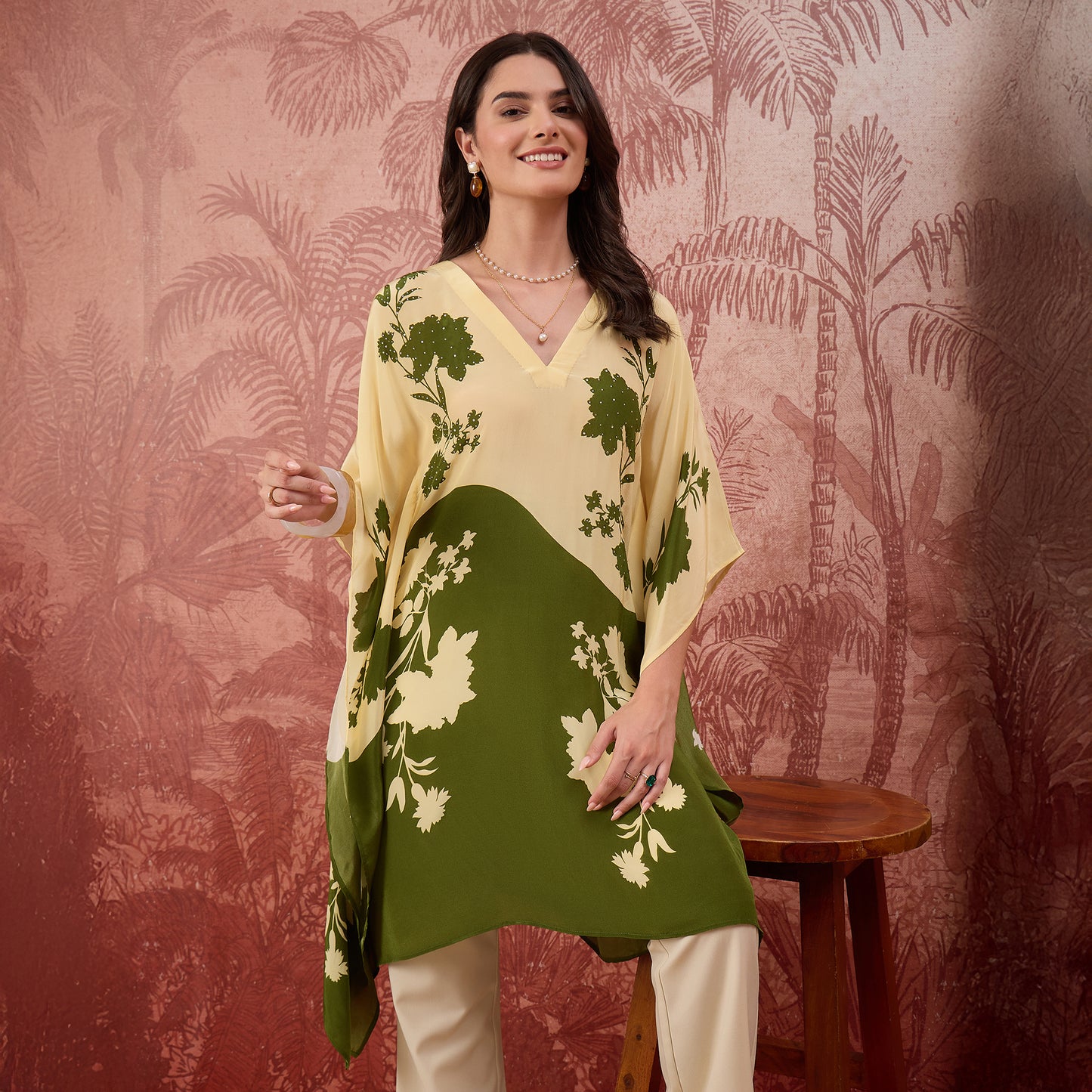 Yellow and Green colourblocked Floral Kaftan Tunic