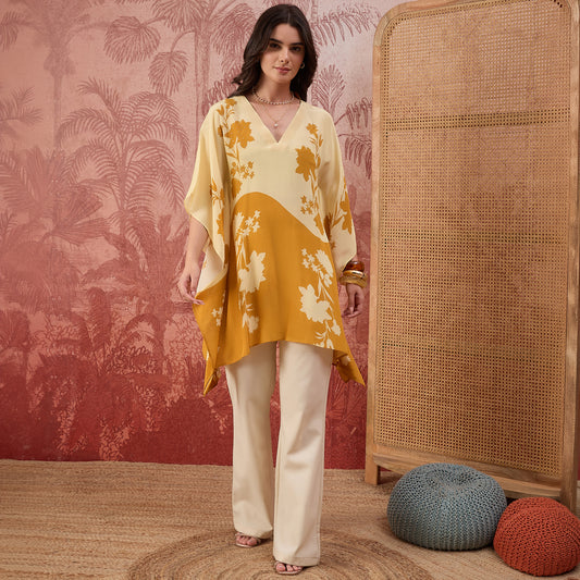 Yellow and Orange colourblocked Floral Kaftan Tunic