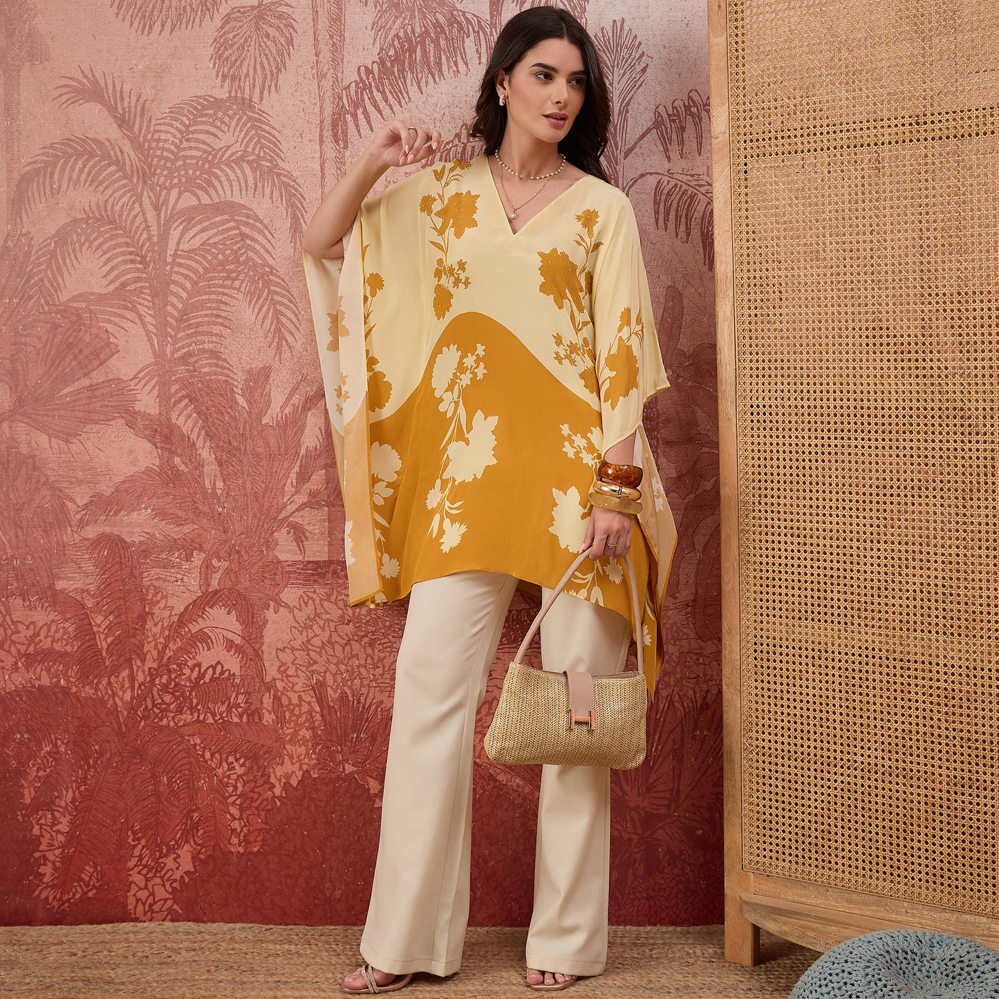 Yellow and Orange colourblocked Floral Kaftan Tunic