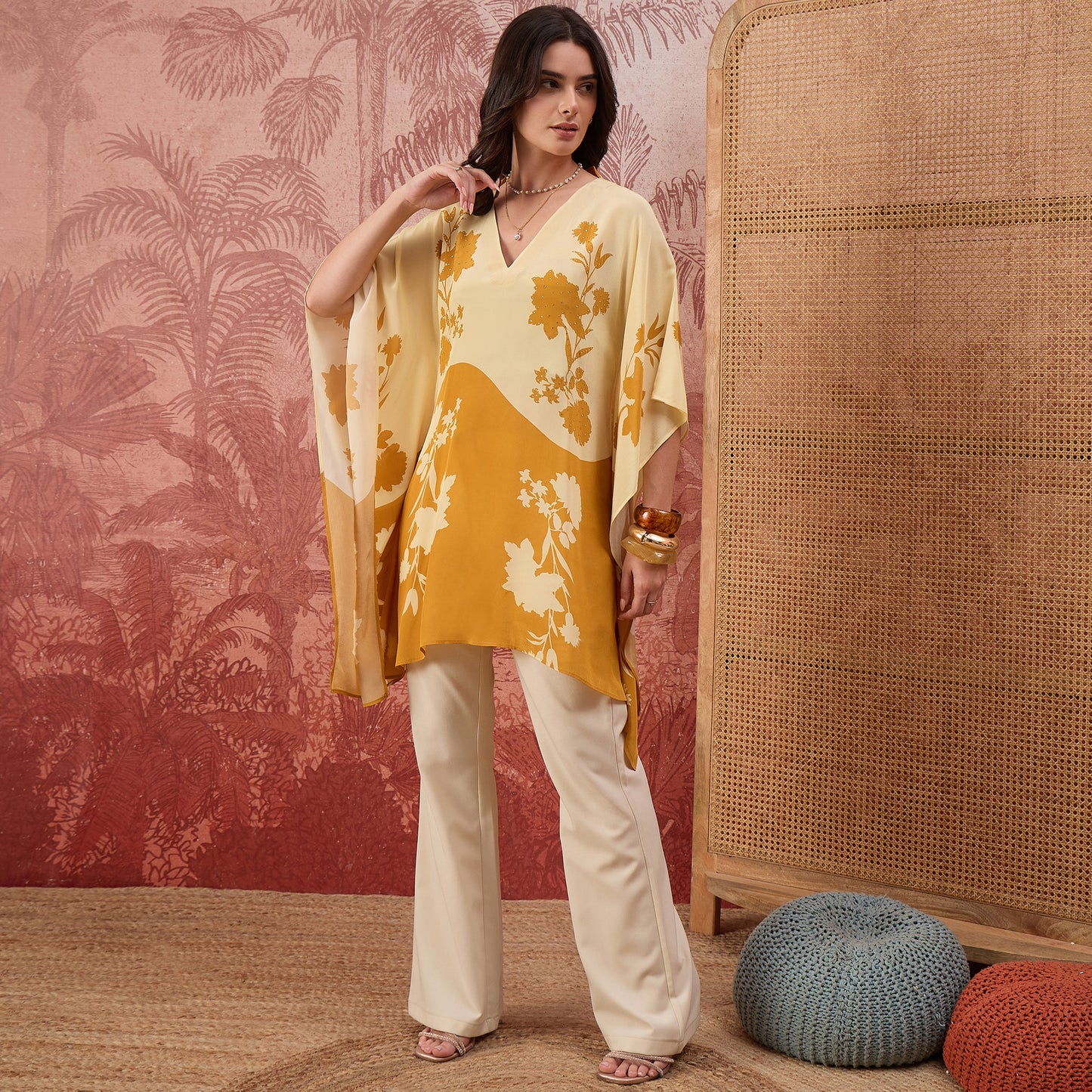 Yellow and Orange colourblocked Floral Kaftan Tunic