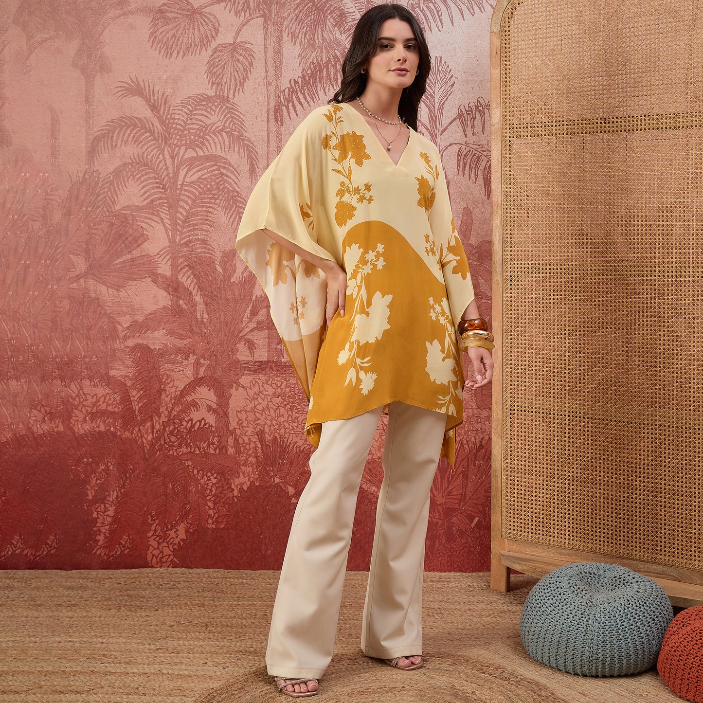 Yellow and Orange colourblocked Floral Kaftan Tunic
