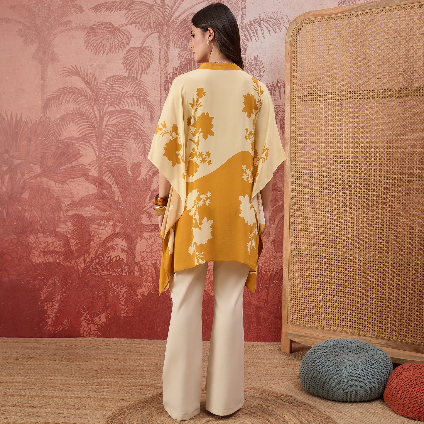 Yellow and Orange colourblocked Floral Kaftan Tunic