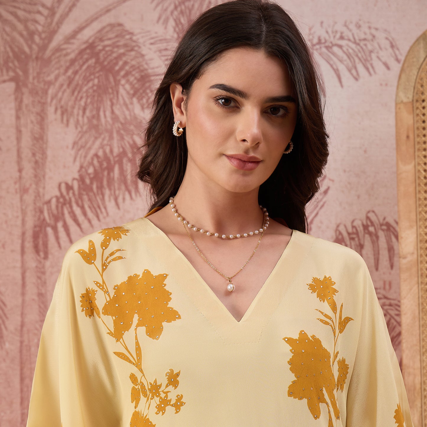 Yellow and Orange colourblocked Floral Kaftan Tunic