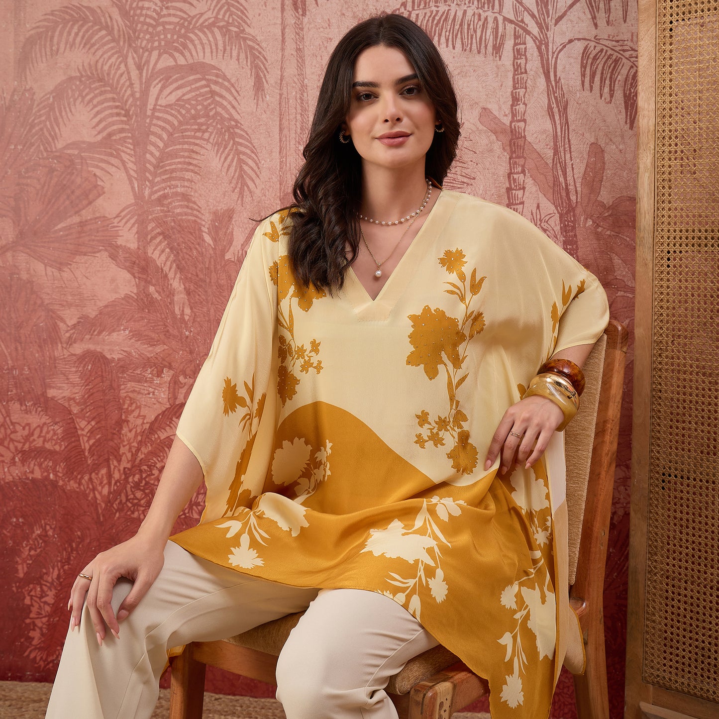 Yellow and Orange colourblocked Floral Kaftan Tunic