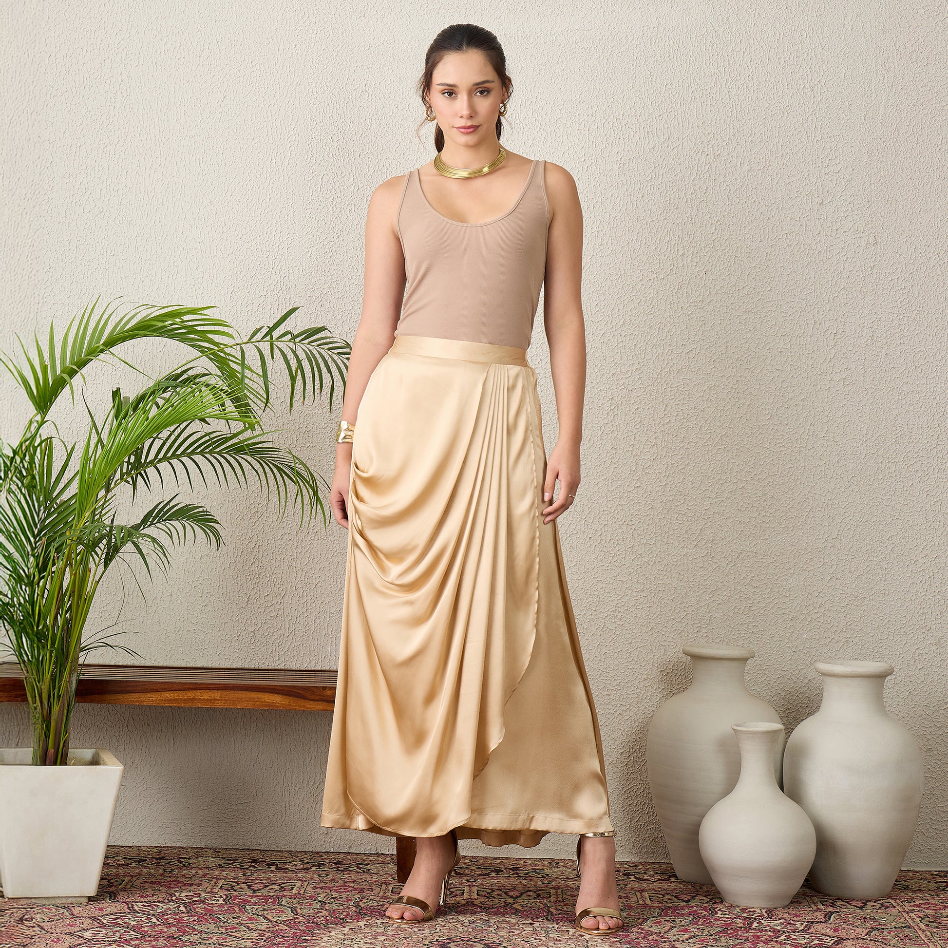 Beige Skirt for Women – Polyester Satin – Front View | First Resort by Ramola Bachchan