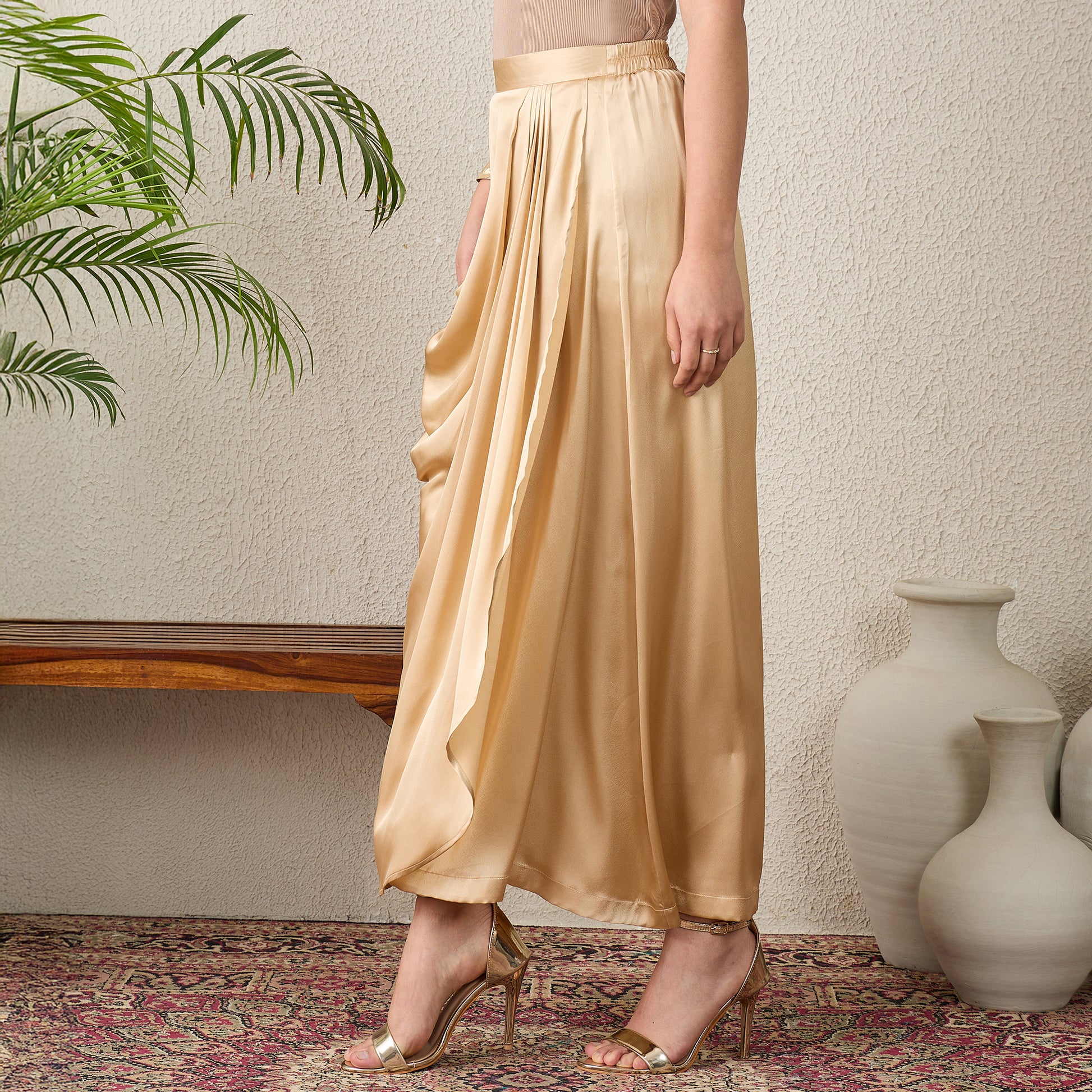 Beige Skirt for Women – Polyester Satin – Model View | First Resort by Ramola Bachchan
