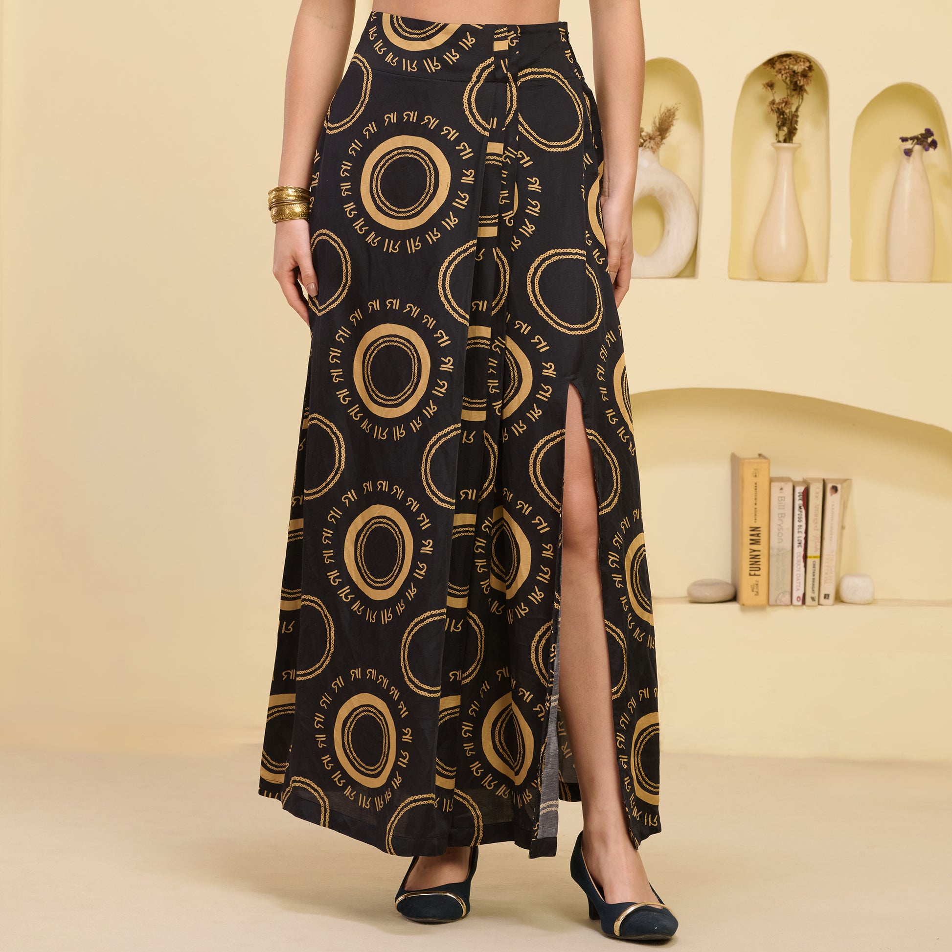 Black And Golden Maa Print Skirt for Women – Linen Satin | First Resort by Ramola Bachchan