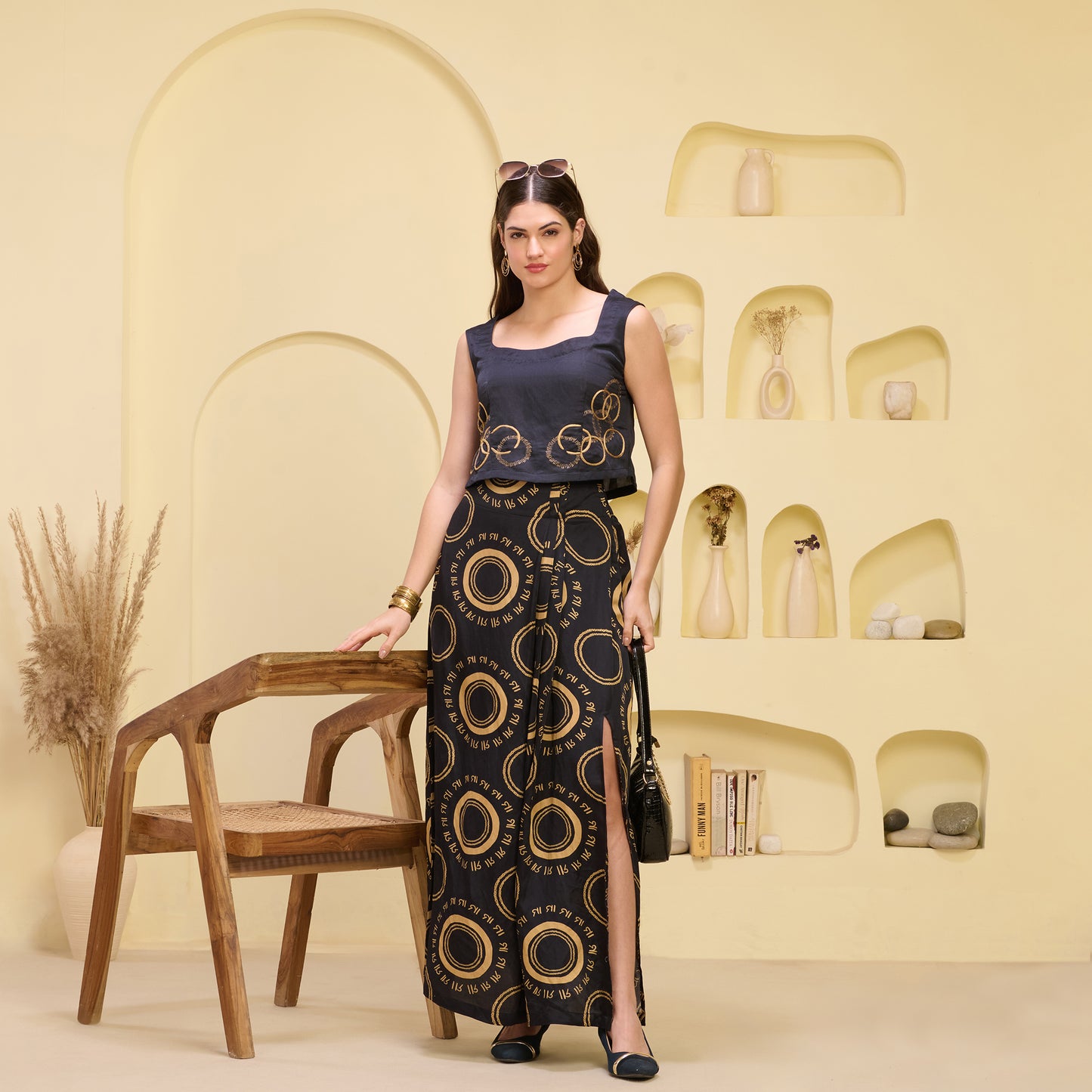 Black And Golden Maa Print Skirt for Women – Linen Satin – Front View | First Resort by Ramola Bachchan