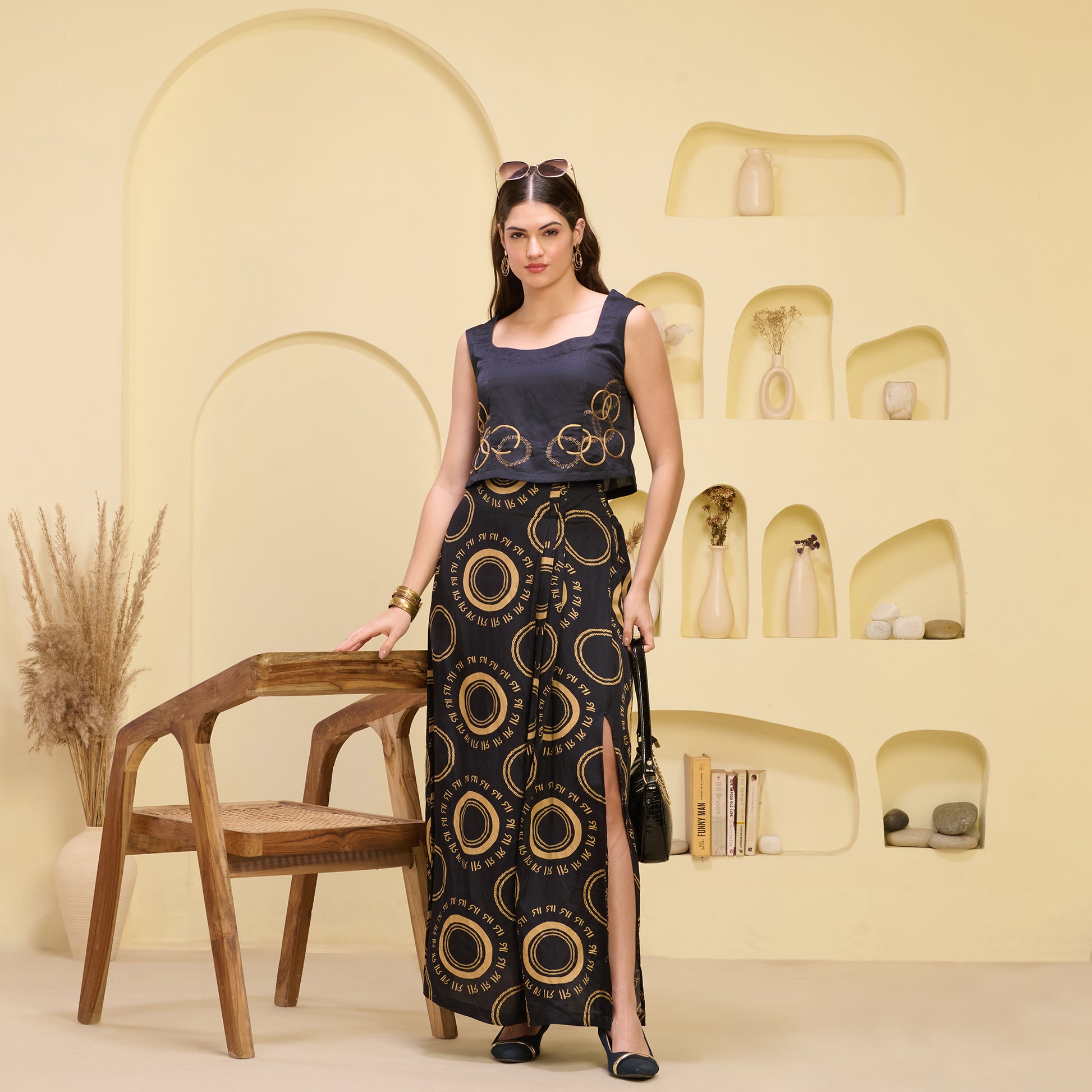 Black And Golden Maa Print Skirt for Women – Linen Satin – Front View | First Resort by Ramola Bachchan