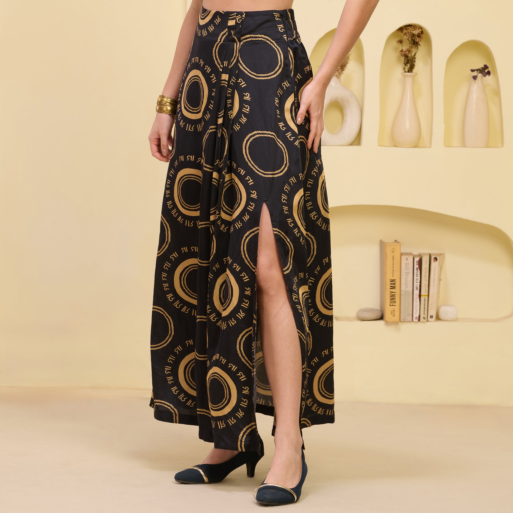Black And Golden Maa Print Skirt for Women – Linen Satin – Model View | First Resort by Ramola Bachchan