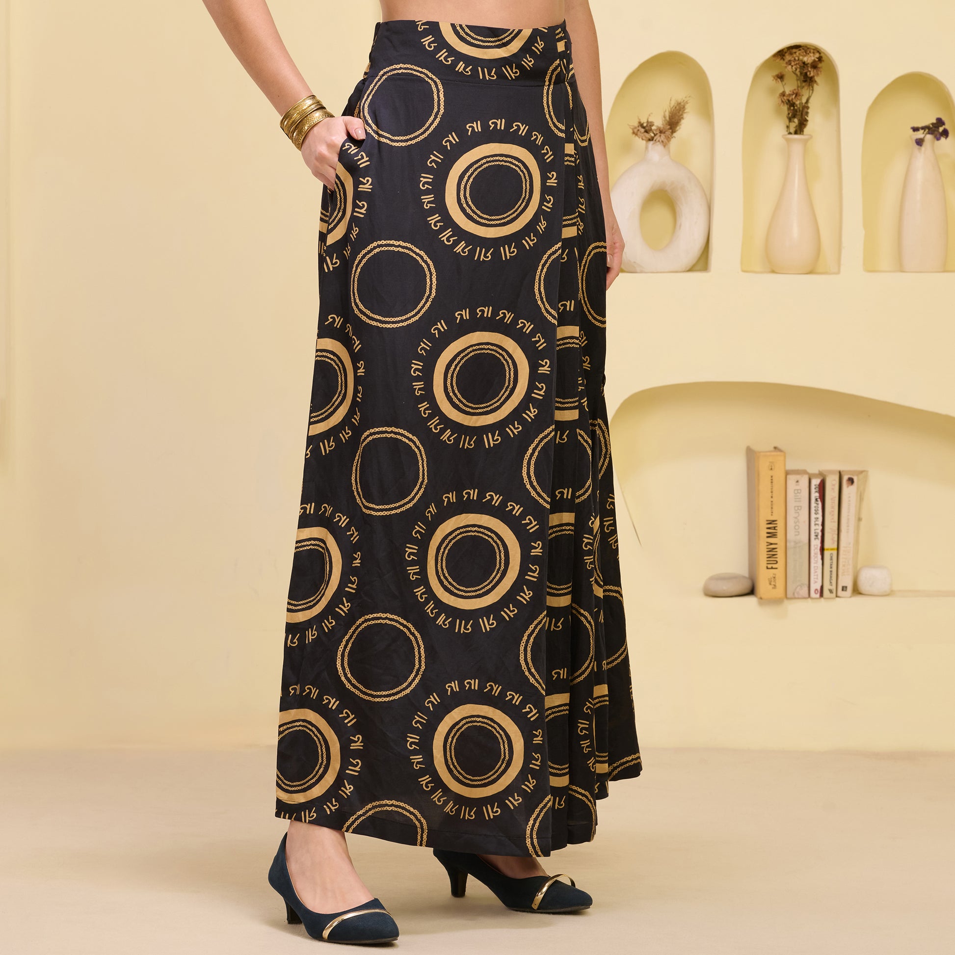 Black And Golden Maa Print Skirt for Women – Linen Satin – Side View | First Resort by Ramola Bachchan