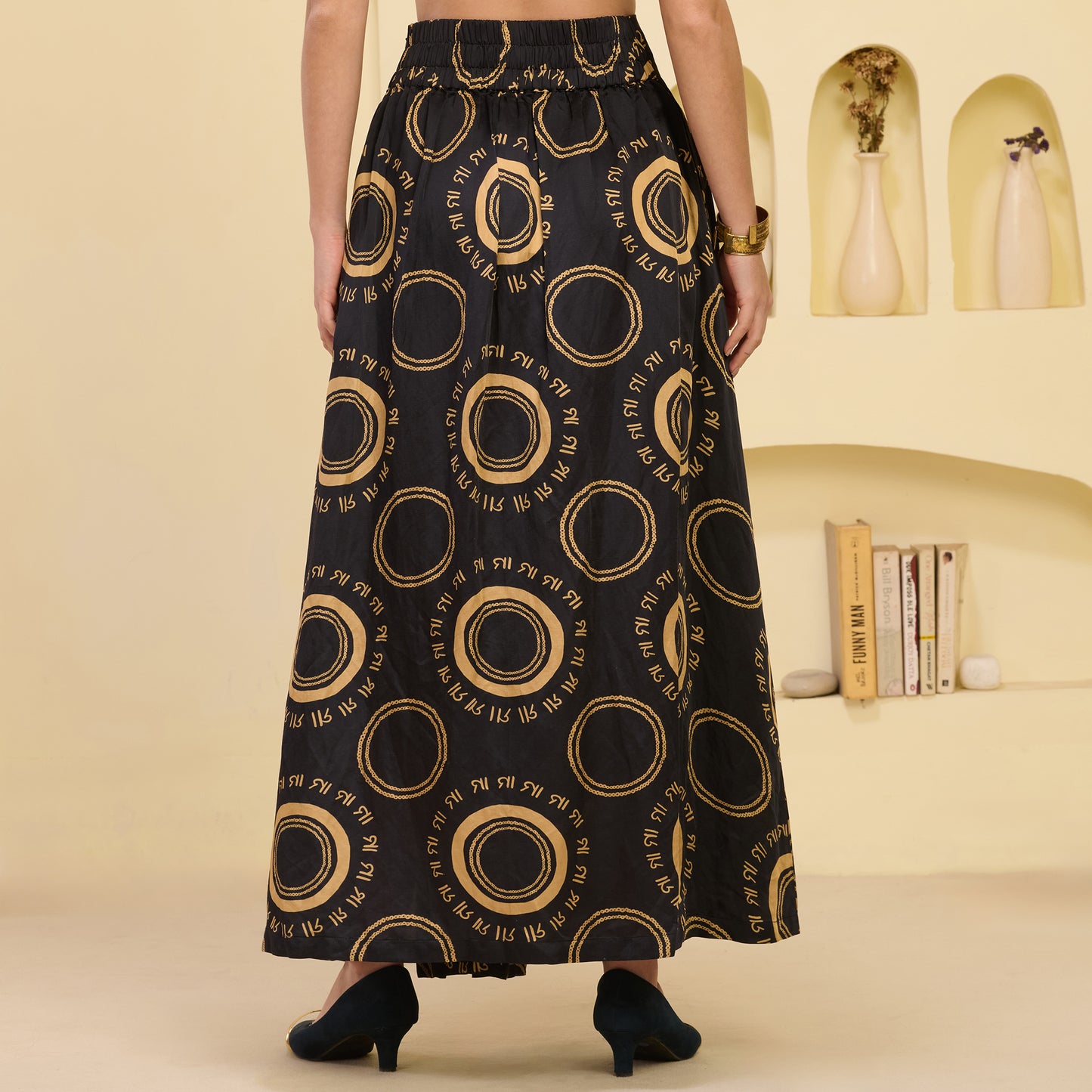 Black And Golden Maa Print Skirt for Women – Linen Satin – Detail View | First Resort by Ramola Bachchan