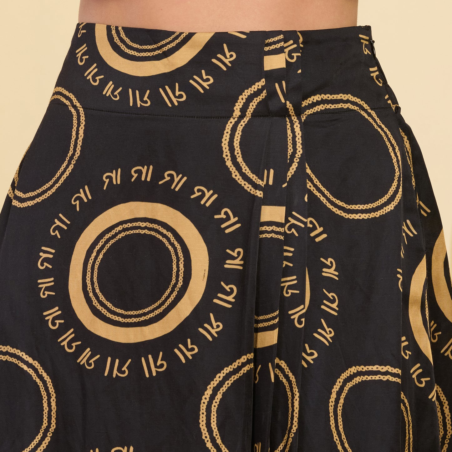 Black And Golden Maa Print Skirt for Women – Linen Satin – Close Up | First Resort by Ramola Bachchan
